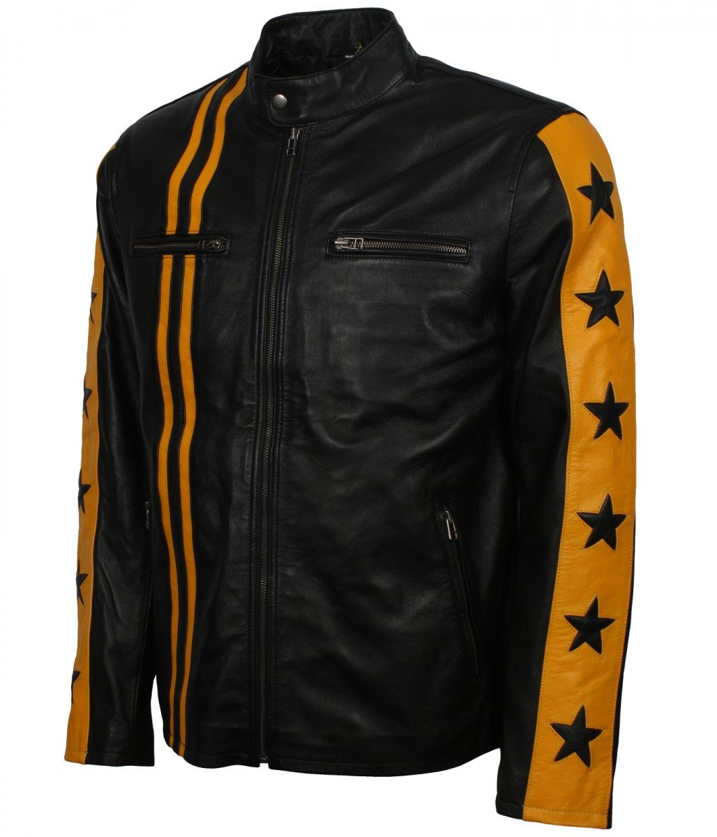Yellow Star Stripes Jacket for Men's Black Leather Jacket
