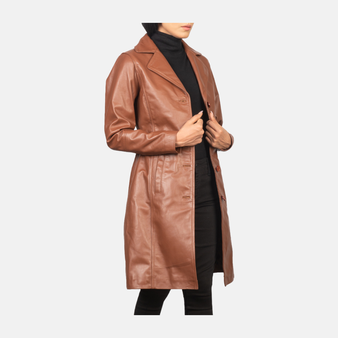Tan Leather Trench Coat for Women's Tan Short Coat