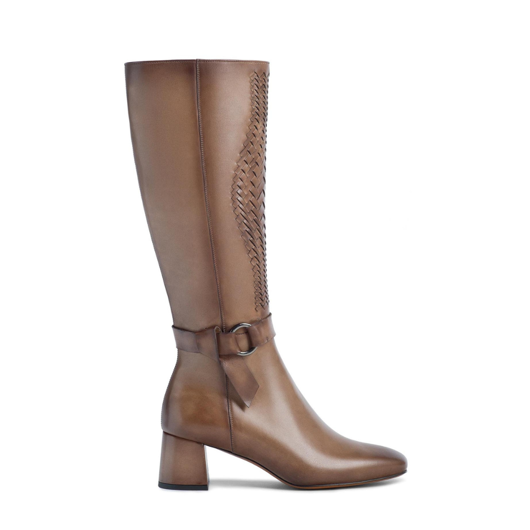 Taupe Woven Knee High Boots for Women’s Leather High Ankle Boots