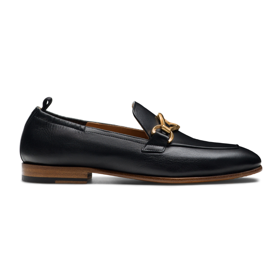 Women's Black Leather Loafers with Gold Chain Slip On Dress Shoes