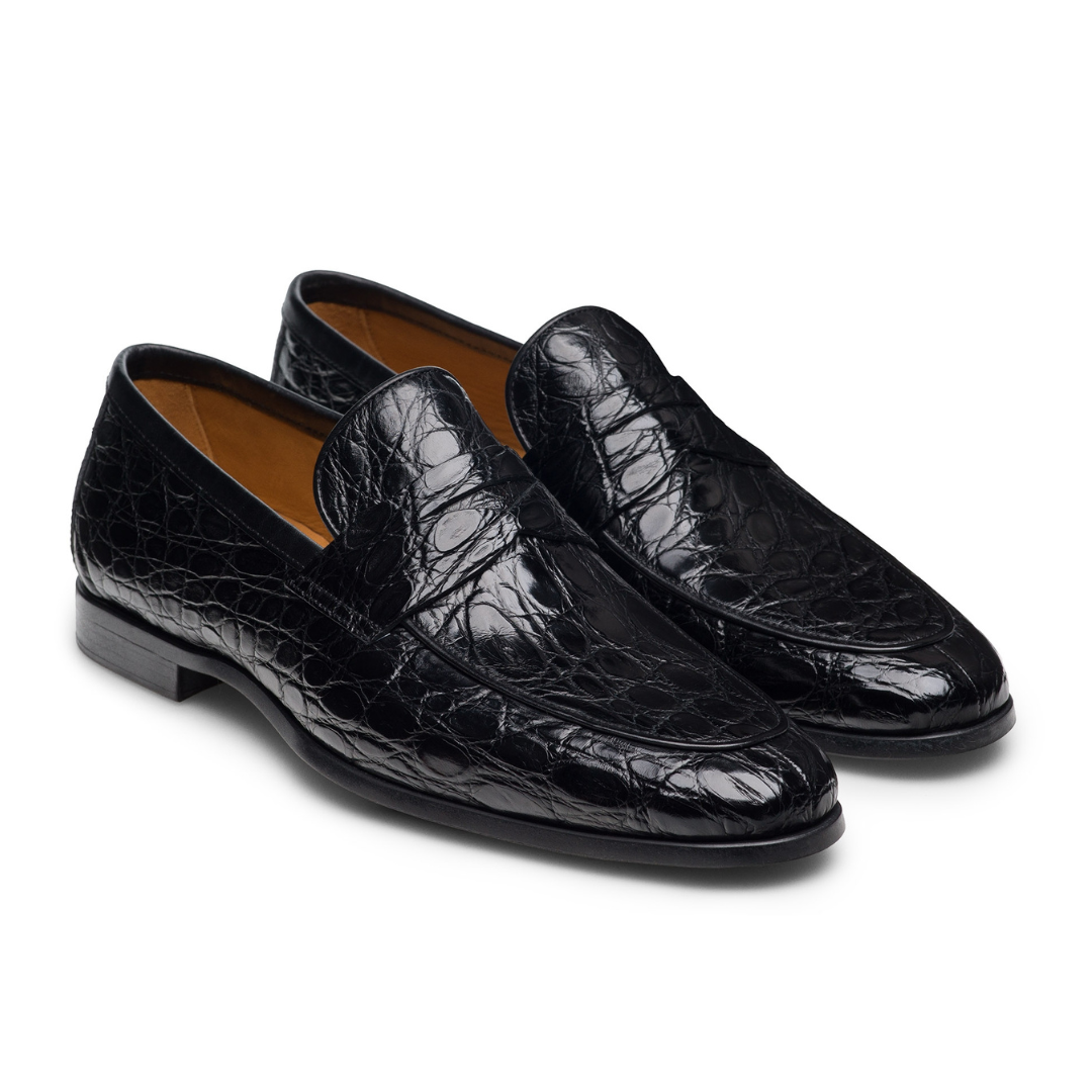 靴 MENS EMBOSSED LOAFERS / BLACK CROCODILE Men's Black Leather Loafers Crocodile Embossed Dress Shoes