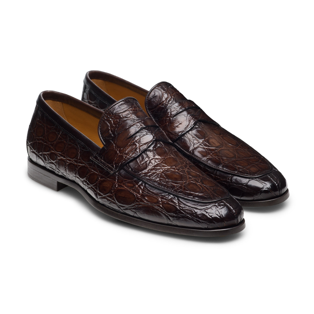 Brown Crocodile Embossed Leather Loafers Men display picture 3
