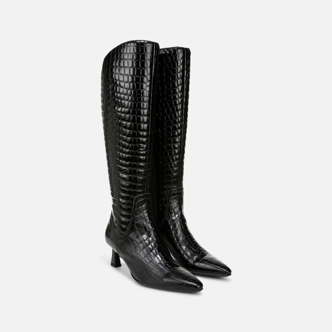 Croc Wide Dress Boots for Women's Black Knee High Boots - Leather Aesthetics